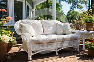 White wicker couch with textile cushions. Green potted plants flowers. Colonial style residential house. Sunny day.