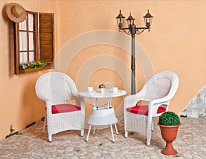 White wicker furniture Rattan European internal courtyard.