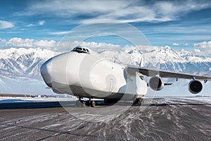 White wide body transport cargo airplane at winter airport on the background of high picturesque mountains