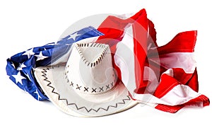 White wide-brimmed cowboy hats on the background of the flag of the united states of america