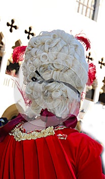white wig of the lady in mask during the Venice Carnival celebrations in Italy and the ancient palace