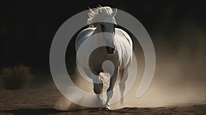 White wild horse running in the nature blur background with lot of dust on the ground