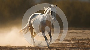 White wild horse running in the nature blur background with lot of dust on the ground