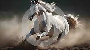 White wild horse running in the nature blur background with lot of dust on the ground. Horse maneuvers
