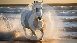 White wild horse running in the water, blur nature background