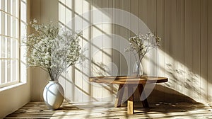 White wildflowers in paunchy vase on round old wooden brown table against empty gray wall. Natural side lighting from window