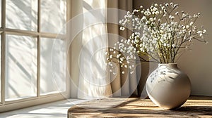 White wildflowers in paunchy vase on round old wooden brown table against empty gray wall. Natural side lighting from window