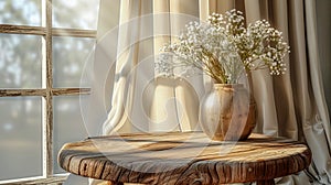 White wildflowers in paunchy vase on round old wooden brown table against empty gray wall. Natural side lighting from window