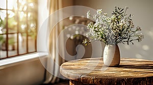 White wildflowers in paunchy vase on round old wooden brown table against empty gray wall. Natural side lighting from window