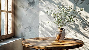 White wildflowers in paunchy vase on round old wooden brown table against empty gray wall. Natural side lighting from window