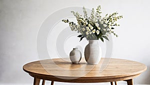 White wildflowers in paunchy vase on round wooden brown table against empty gray wall. Minimalistic interior. Scandinavian style photo
