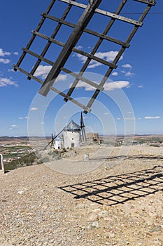 White wind mills for grinding wheat. Town of Consuegra in the pr