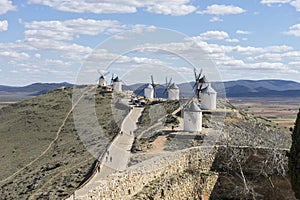 White wind mills for grinding wheat. Town of Consuegra in the pr