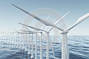 White wind turbine generating electricity in sea, ocean. Clean energy, wind energy, ecological concept. 3d rendering