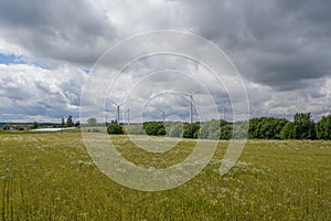 White wind turbines in green field in summer. Overcast sky