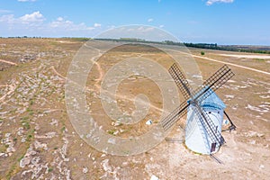 White windmills at Campo de Criptana in Spain.