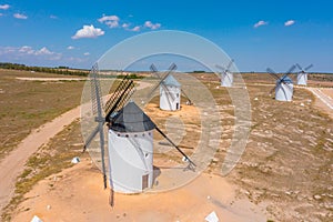 White windmills at Campo de Criptana in Spain.