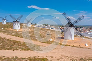 White windmills at Campo de Criptana in Spain.