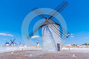 White windmills at Campo de Criptana in Spain.