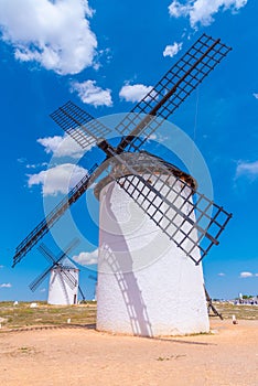 White windmills at Campo de Criptana in Spain.