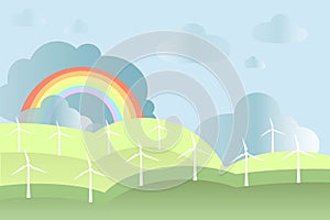 White windmills on green fields, blue sky, rainbow background, vector