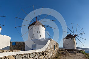 White windmills on the island of Mykonos, Greece