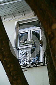 White window with black wrought iron sill