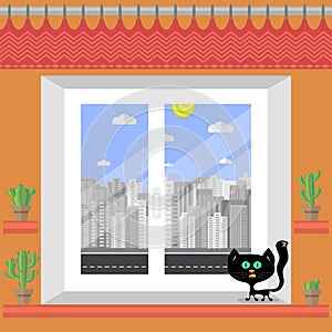 White Window with Flowers and Cat on Orange Wall