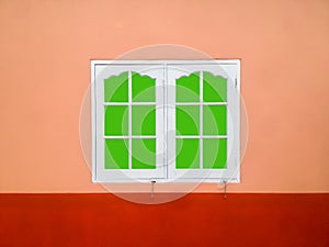 White window frame on a orange wall,green screen with clipping path