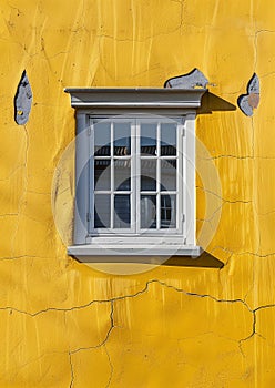 White window on yellow shingled wall. Typical colourful architecture. Space for your text.