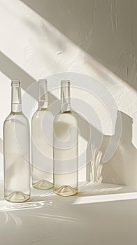 white wine as unlabelled bottles stand tall, their smooth surfaces reflecting light, evoking a sense of sophistication