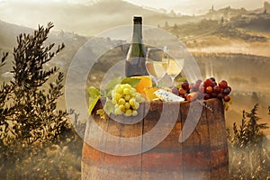 White wine with barrel on famous vineyard in Chianti, Tuscany, Italy