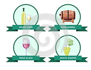 White Wine and Barrel, Glass Vector Illustration