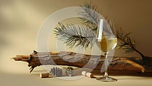 White wine and a beige background with an old snag