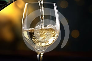 a White wine being poured in the wineglass