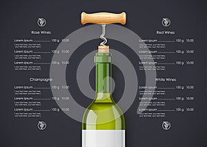 White Wine bottle, cork and corkscrew concept design for Wines list