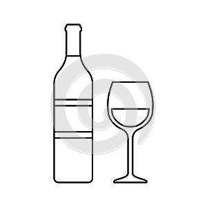 White wine bottle and glass. Outline icons of alcohol beverage. Vector illustration