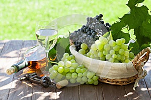 White wine bottle and glass, red and white grape