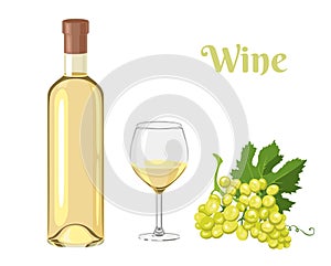 White wine in bottle, glass with wine and bunch of grapes isolated on white background.