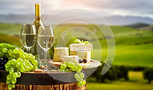 White wine bottle and glass on wodden barrel.