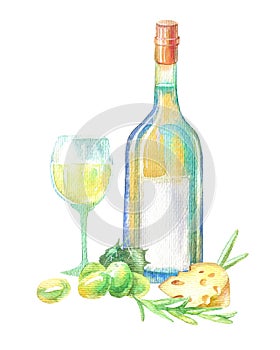 White wine bottle,rosemary, grapes and cheese.Picture of a alcoholic drink.
