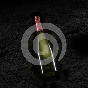 White wine bottle on stone background. Top view with copy space