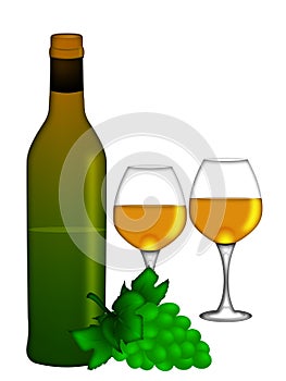 White Wine Bottle Two Glasses and Bunch of Grapes