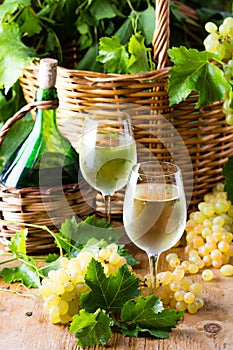 White wine bottle, two glasses, bunch of grapes in basket