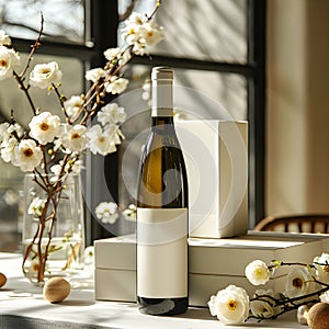 white wine box and bottle mockup, ON THE EASTER TABLE IS A CLEAN WHITE WINE BOX. EASTER ATMOSPHERE, MORNING SUN RAYS