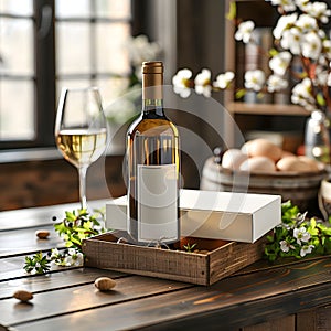 white wine box and bottle mockup, ON THE EASTER TABLE IS A CLEAN WHITE WINE BOX. EASTER ATMOSPHERE, MORNING SUN RAYS