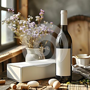 white wine box and bottle mockup, ON THE EASTER TABLE IS A CLEAN WHITE WINE BOX. EASTER ATMOSPHERE, MORNING SUN RAYS