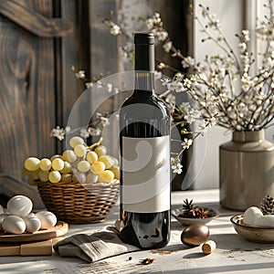 white wine box and bottle mockup, ON THE EASTER TABLE IS A CLEAN WHITE WINE BOX. EASTER ATMOSPHERE, MORNING SUN RAYS