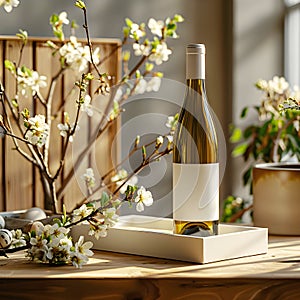 white wine box and bottle mockup, ON THE EASTER TABLE IS A CLEAN WHITE WINE BOX. EASTER ATMOSPHERE, MORNING SUN RAYS