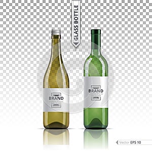 White wine and brandy or liquor bottles isolated on transparent background. Vector 3d detailed mock up set illustration